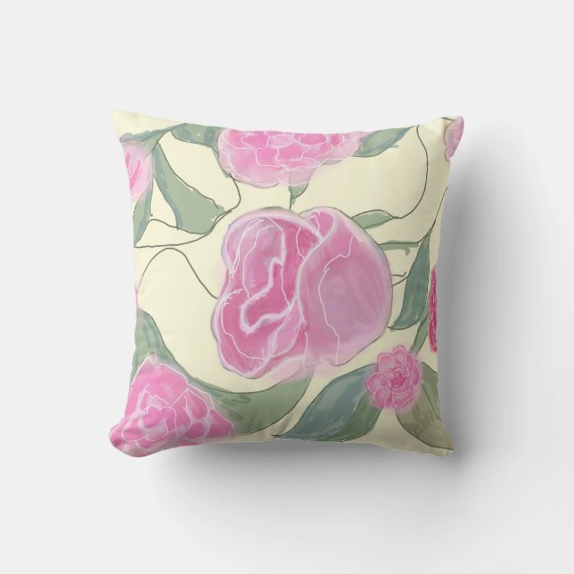 Pretty Pink Rose Pattern Digital Watercolor Throw Pillow (Front)