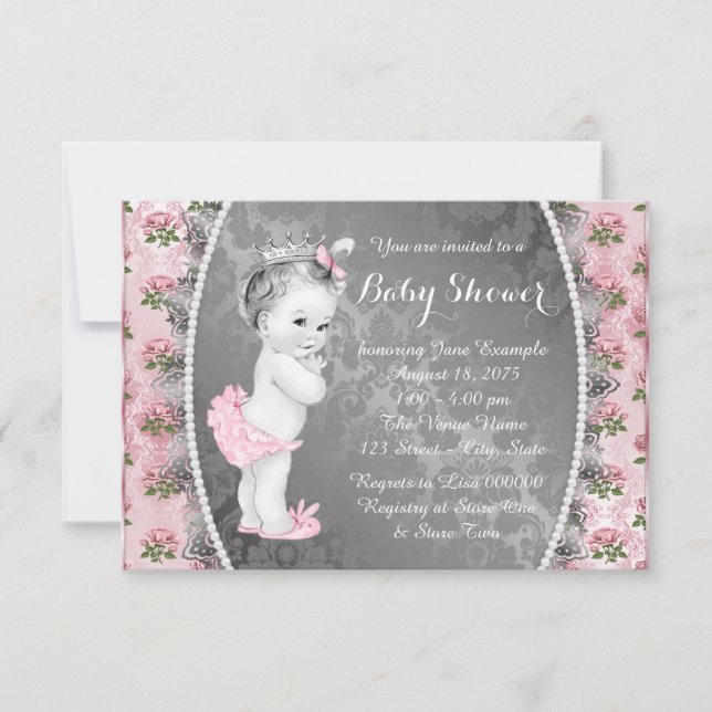 Pretty Pink Rose Pink and Gray Baby Shower Invitation (Front)