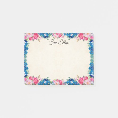 Pretty Pink Roses And Blue Flowers Personalized Post_it Notes