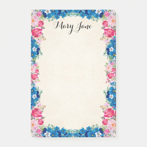 Pretty Pink Roses And Blue Flowers Personalized Post_it Notes