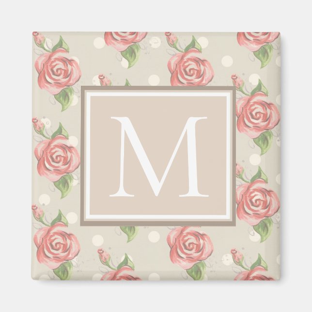 Pretty Pink Roses and Dots Monogram Magnet (Front)