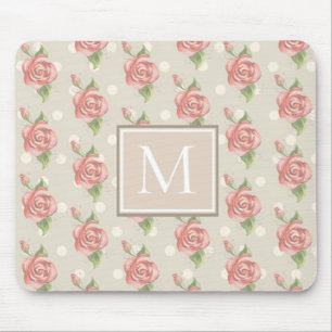Pretty Pink Roses and Dots Monogram Mouse Pad