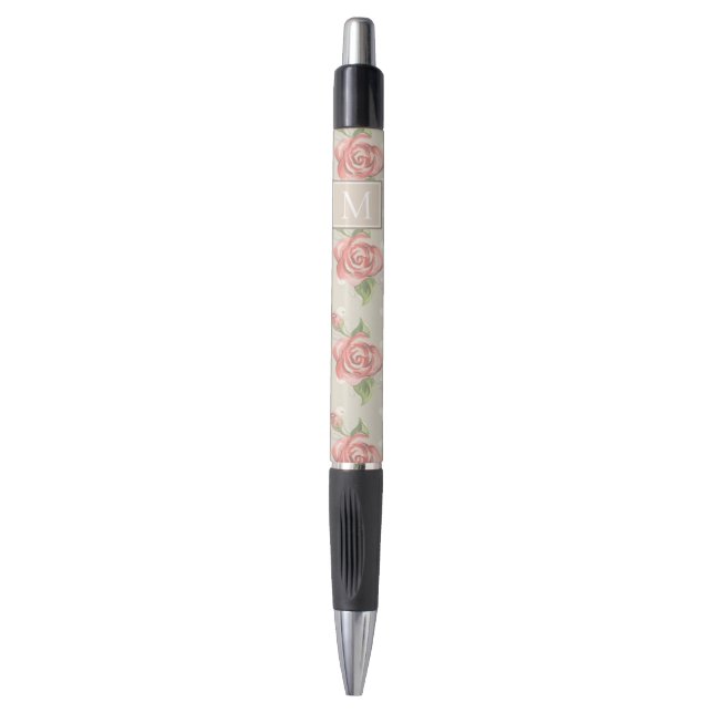 Pretty Pink Roses and Dots Monogram Pen (Front Vertical)