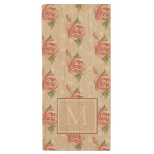 Pretty Pink Roses and Dots Monogram Wood Flash Drive