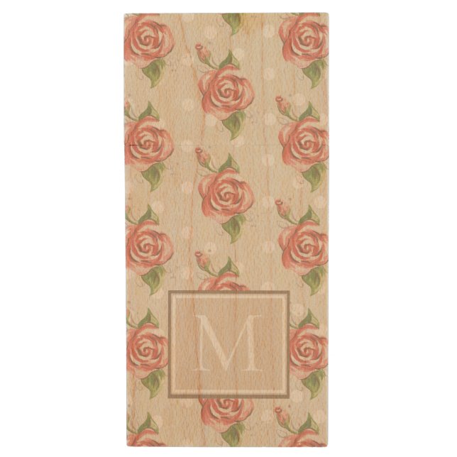 Pretty Pink Roses and Dots Monogram Wood Flash Drive (Front Vertical)