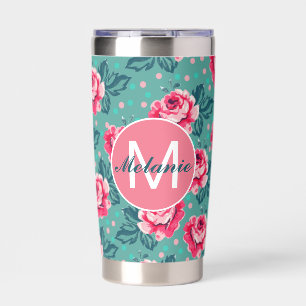 Pretty Pink Roses and Dots on Teal Personalised Insulated Tumbler