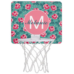 Pretty Pink Roses and Dots on Teal Personalised Mini Basketball Hoop