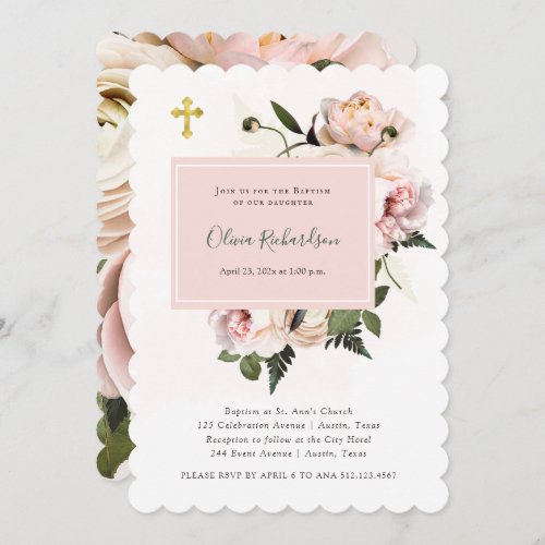 Pretty Pink Roses and Ferns with Gold  Baptism Invitation