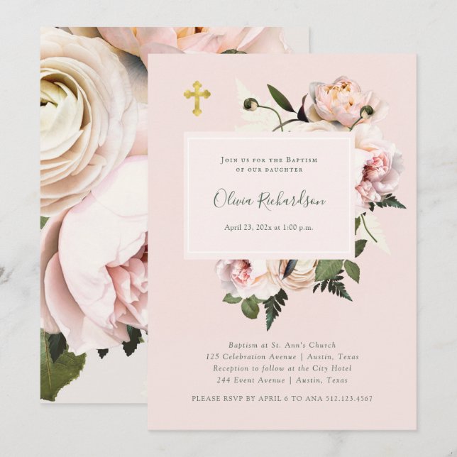 Pretty Pink Roses and Ferns with Gold | Baptism Invitation (Front/Back)