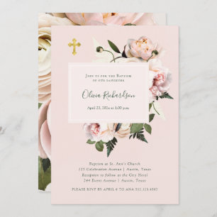 Pretty Pink Roses and Ferns with Gold Baptism Invitation