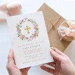 Pretty Pink Roses and Gold Cross | Floral Baptism Invitation<br><div class="desc">This beautiful baptism or christening invitation features a wreath of lovely pink watercolor roses with green leaves and faux rose gold accents,  and a faux gold cross in the center. The back of the card is a soft pink color with matching floral bouquets in the corners.</div>