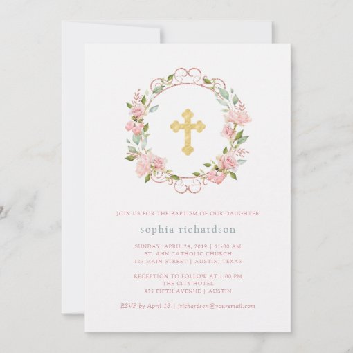 Pretty Pink Roses and Gold Cross | Floral Baptism Invitation | Zazzle