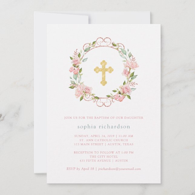 Pretty Pink Roses and Gold Cross | Floral Baptism Invitation