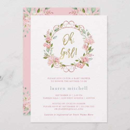 Pretty Pink Roses and Gold Script  Baby Shower Invitation