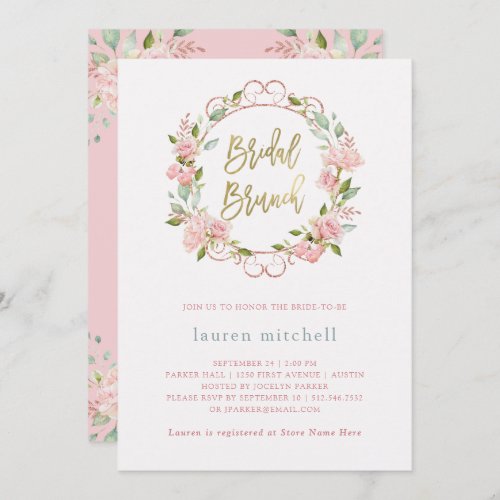 Pretty Pink Roses and Gold Script  Bridal Brunch Invitation