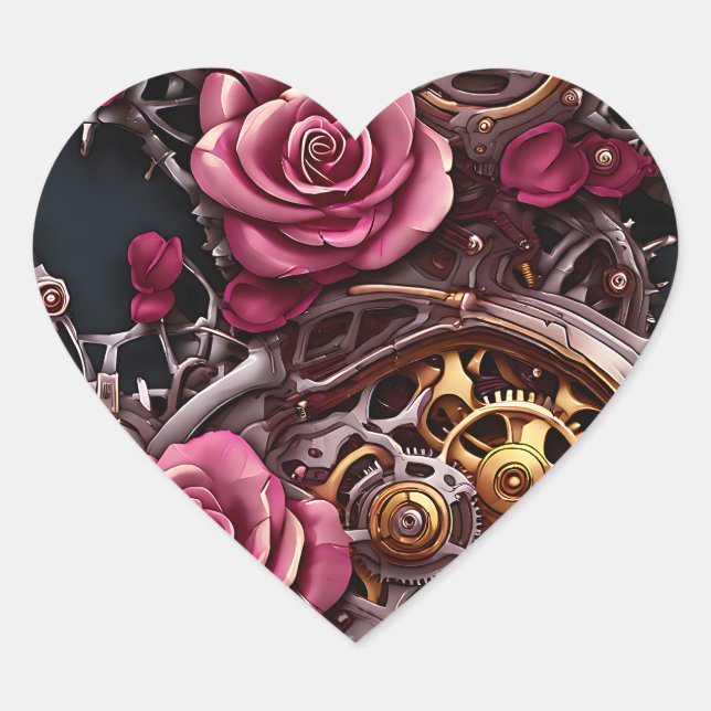 Pretty Pink Roses and Metal Gears Steampunk Heart Sticker (Front)
