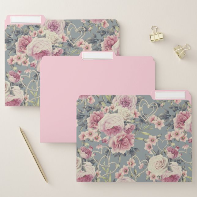Pretty Pink Roses and Pearl Hearts File Folder (Set)