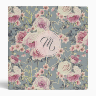 Pretty Pink Roses and Pearl Hearts Monogram 3 Ring Binder