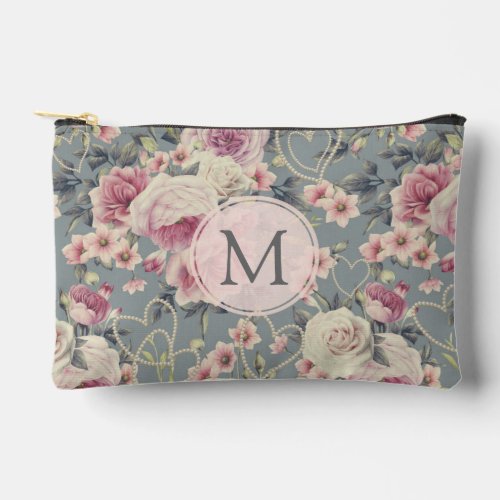 Pretty Pink Roses and Pearl Hearts Monogram Accessory Pouch