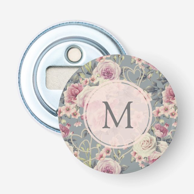 Pretty Pink Roses and Pearl Hearts Monogram Bottle Opener (Front)