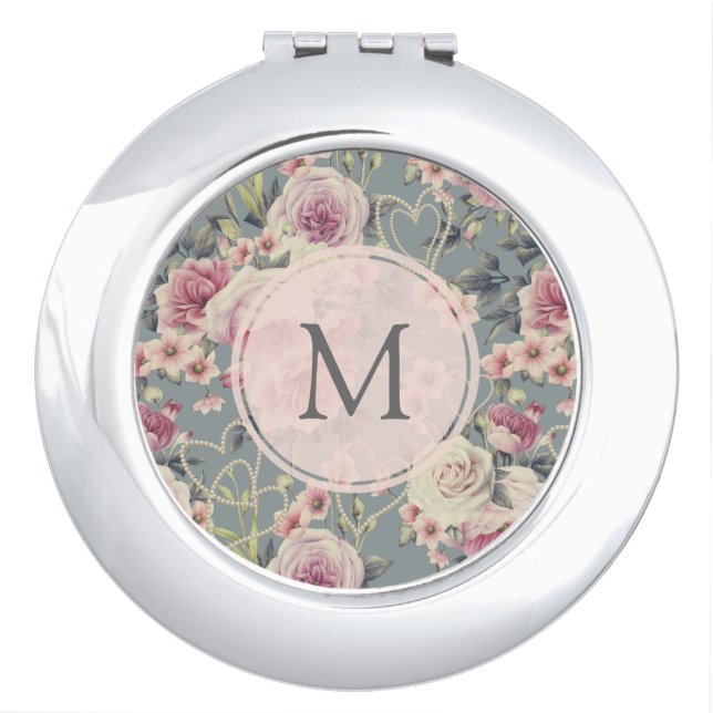 Pretty Pink Roses and Pearl Hearts Monogram Compact Mirror (Front)
