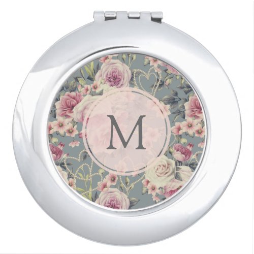 Pretty Pink Roses and Pearl Hearts Monogram Compact Mirror