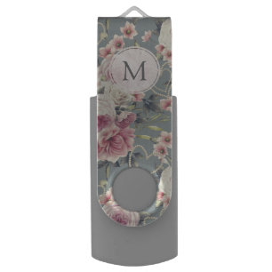 Pretty Pink Roses and Pearl Hearts Monogram Flash Drive
