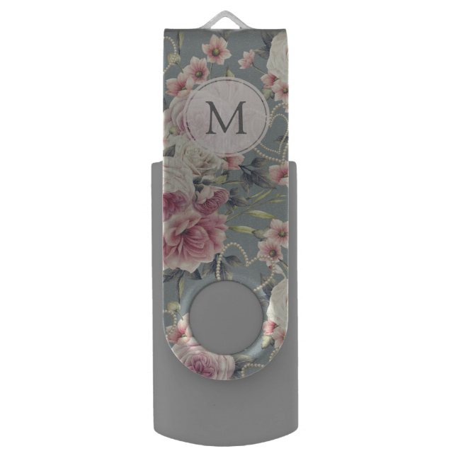 Pretty Pink Roses and Pearl Hearts Monogram Flash Drive (Front Vertical)