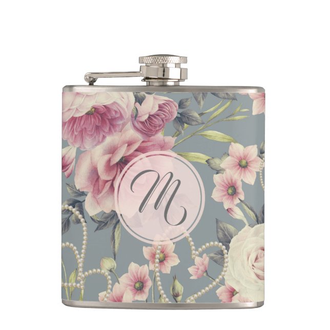 Pretty Pink Roses and Pearl Hearts Monogram Flask (Front)