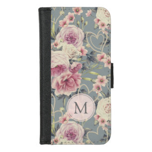 Pretty Pink Roses and Pearl Hearts Monogram iPhone 8/7 Wallet Case