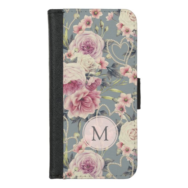 Pretty Pink Roses and Pearl Hearts Monogram iPhone Wallet Case (Front)