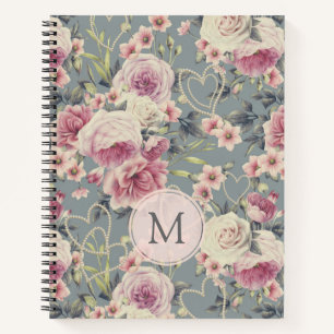 Pretty Pink Roses and Pearl Hearts Monogram Notebook