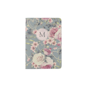 Pretty Pink Roses and Pearl Hearts Monogram Passport Holder