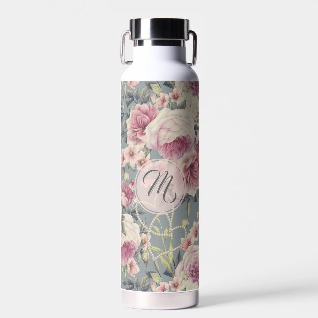Pretty Pink Roses and Pearl Hearts Monogram Water Bottle (Front)