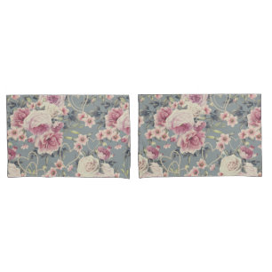 Pretty Pink Roses and Pearl Hearts Pattern Grey Pillow Case