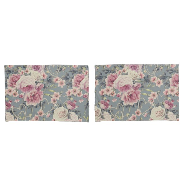 Pretty Pink Roses and Pearl Hearts Pattern Grey Pillow Case (Front-Set)