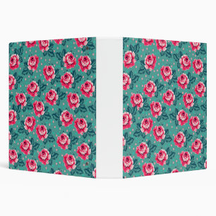 Pretty Pink Roses and Polka Dot Pattern on Teal 3 Ring Binder