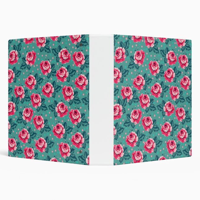 Pretty Pink Roses and Polka Dot Pattern on Teal 3 Ring Binder (Background)