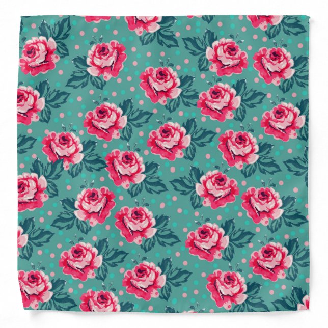 Pretty Pink Roses and Polka Dot Pattern on Teal Bandana (Front)