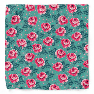 Pretty Pink Roses and Polka Dot Pattern on Teal Bandana