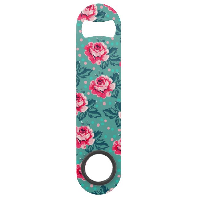 Pretty Pink Roses and Polka Dot Pattern on Teal Bar Key (Front)