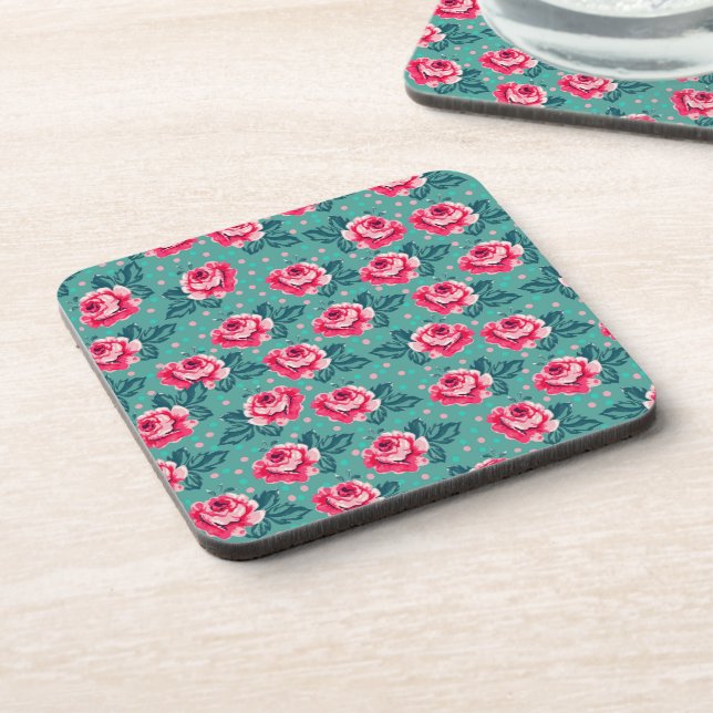 Pretty Pink Roses and Polka Dot Pattern on Teal Beverage Coaster (Left Side)