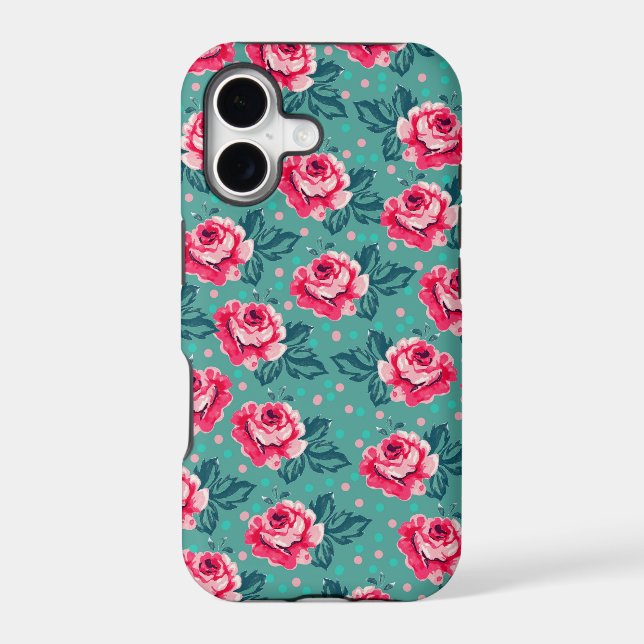 Pretty Pink Roses and Polka Dot Pattern on Teal Case-Mate iPhone Case (Back)