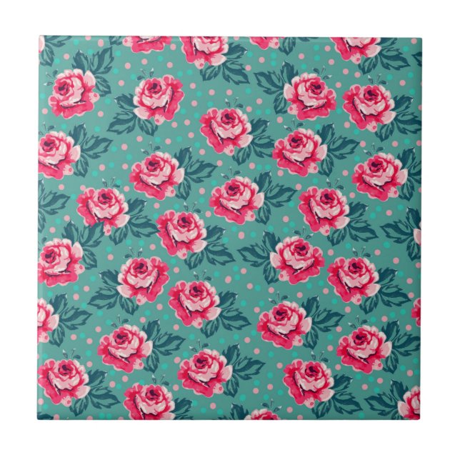 Pretty Pink Roses and Polka Dot Pattern on Teal Ceramic Tile (Front)