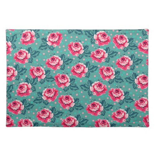 Pretty Pink Roses and Polka Dot Pattern on Teal Cloth Placemat