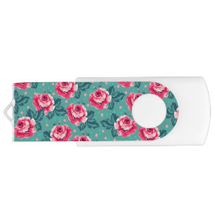 Pretty Pink Roses and Polka Dot Pattern on Teal Flash Drive
