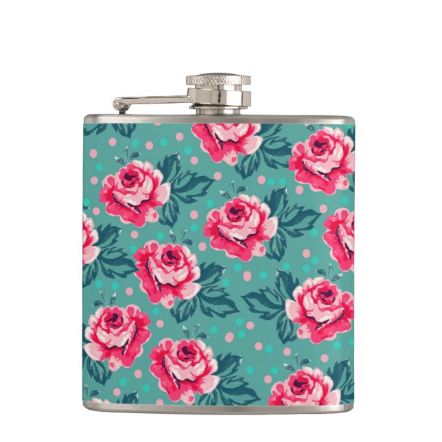 Pretty Pink Roses and Polka Dot Pattern on Teal Flask (Front)