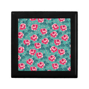 Pretty Pink Roses and Polka Dot Pattern on Teal Gift Box