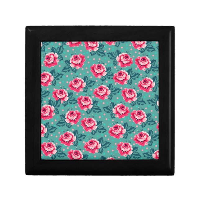 Pretty Pink Roses and Polka Dot Pattern on Teal Gift Box (Front)