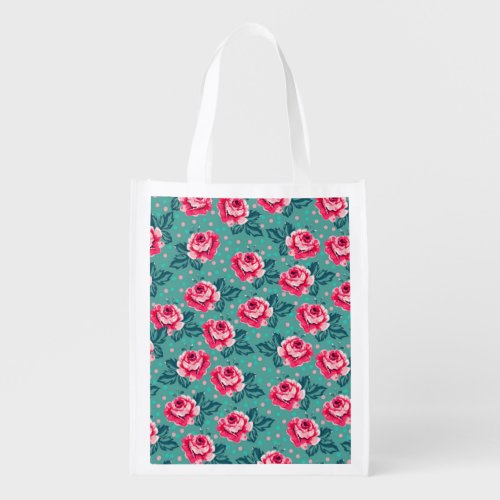 Pretty Pink Roses and Polka Dot Pattern on Teal Grocery Bag